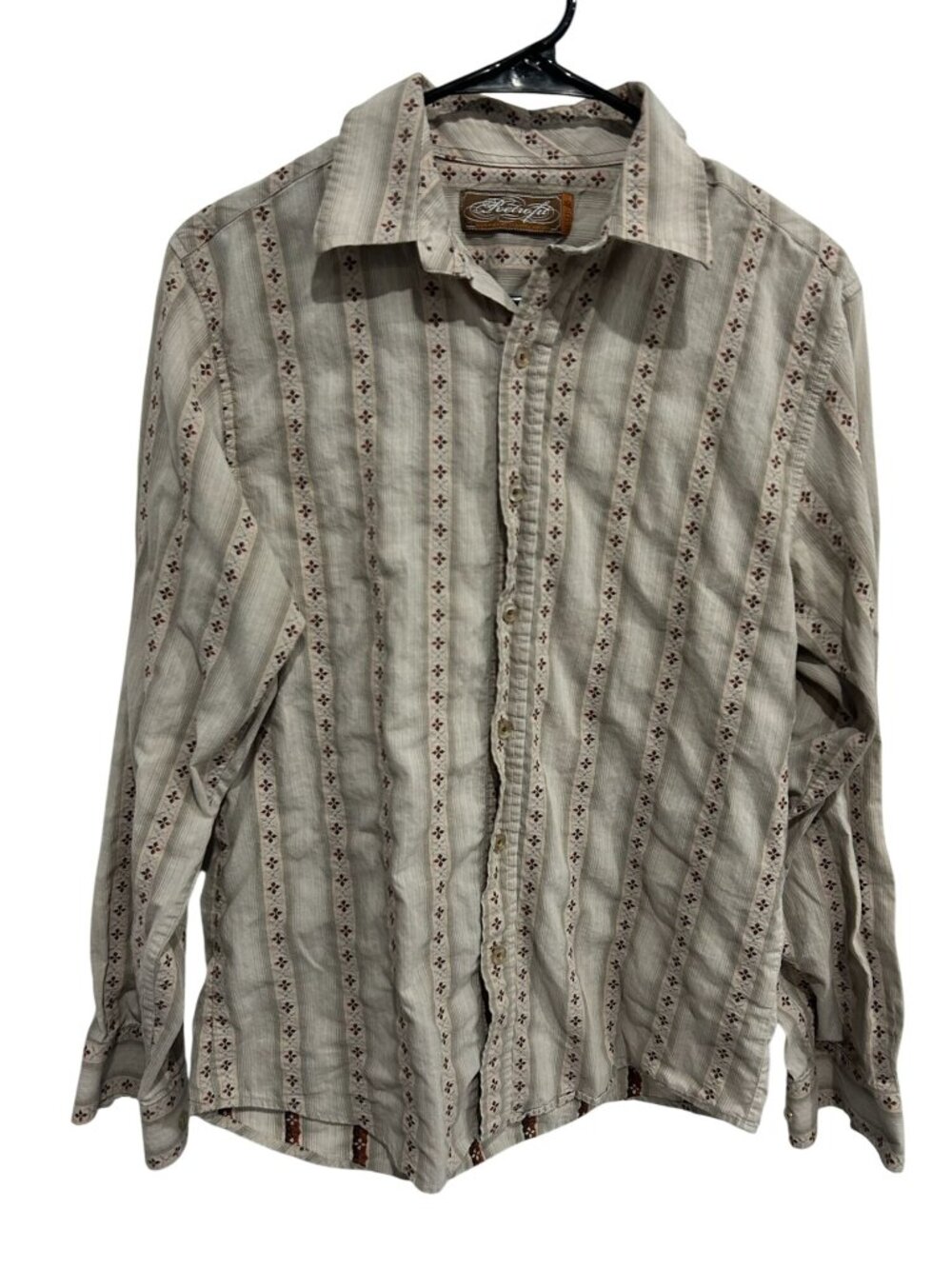 Retrofit Small Beige Long Sleeve Button Up Embroidered Stripe Western Retro Boho